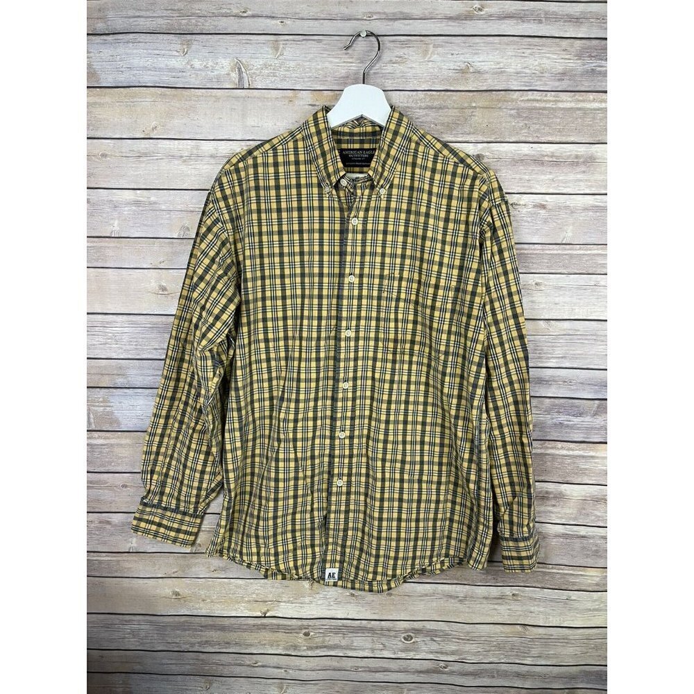 American Eagle Mens Small Button Down Shirt Long Sleeve Plaid Yellow Blue